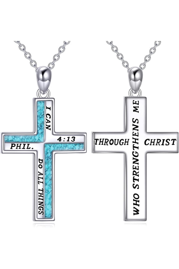 Turquoise Cross necklace 925 Sterling Silver Cross Necklace Strength Bible Verse Cross Pendant Jewelry Gifts for Women