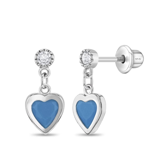 Turquoise Cubic Zirconia Heart Dangle Kids / Teen Earrings - Sterling Silver