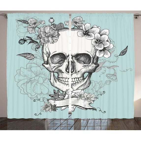Turquoise Curtains 2 Panels Set, Skull and Flowers Day of the Dead Mexican Traditional Celebration Symbolic Art, Living Room Bedroom Decor, 108W X 90L Inches, Turquoise White, by Ambesonne