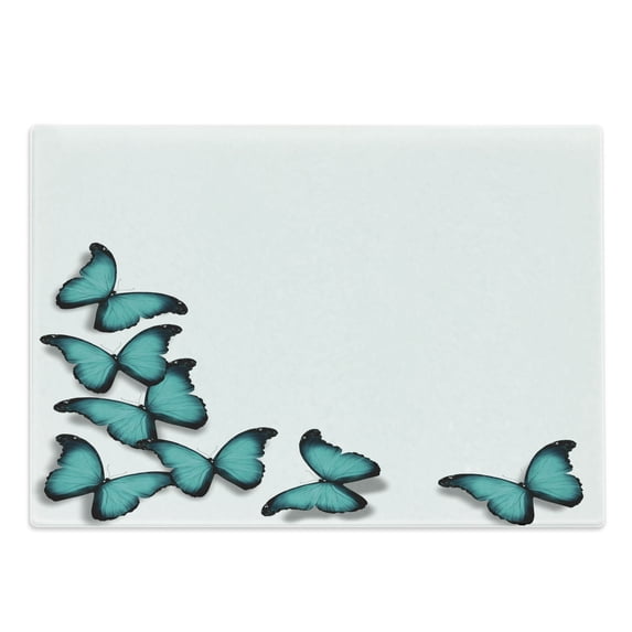 Turquoise Cutting Board, Butterflies Morphs Pattern Spring Sunny Day Warm Weather Free Enjoyment, Decorative Tempered Glass Cutting and Serving Board, Large Size, Black Turquoise, by Ambesonne