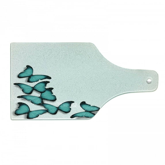 Turquoise Cutting Board, Butterflies Morphs Pattern Spring Sunny Day Warm Weather Free Enjoyment, Decorative Tempered Glass Cutting and Serving Board, Wine Bottle Shape, Black Turquoise, by Ambesonne