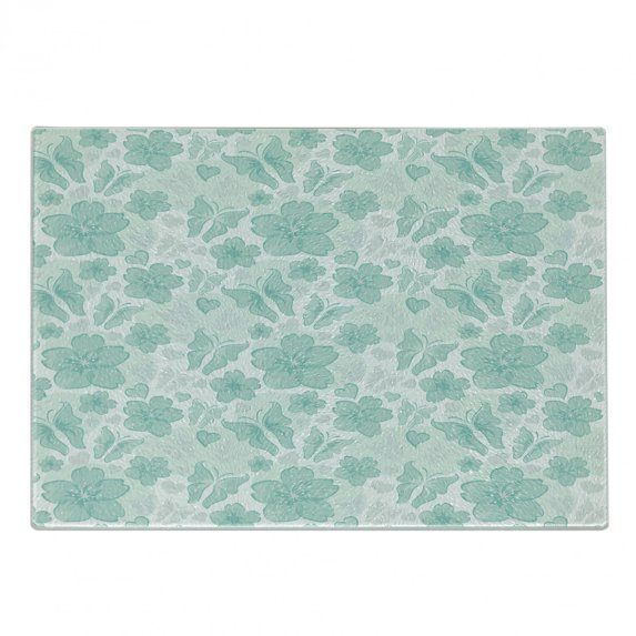 Turquoise Cutting Board, Flowers Butterflies Leaves Pattern Springtime Romantic Design Nature, Decorative Tempered Glass Cutting and Serving Board, Small Size, Turquoise Seafoam Pearl, by Ambesonne