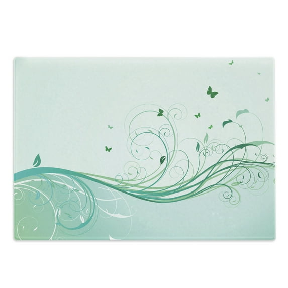 Turquoise Cutting Board, Illustration Floral Victorian Style Curvy Lines Wave Butterfly Design, Decorative Tempered Glass Cutting and Serving Board, Large Size, Pale Green Mint Green, by Ambesonne
