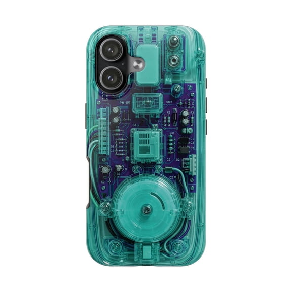 Turquoise Cyberpunk Transparent Effect Y2K Retro Tough Phone Case, Dual-Layer Protective Cover for iPhone