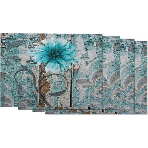 Turquoise Dahlia Flower Placemats Old Planks Peeling Heat Resistant Dining Table Place Mats Stain Resistant, 12 X 18 Inches, Set of 4