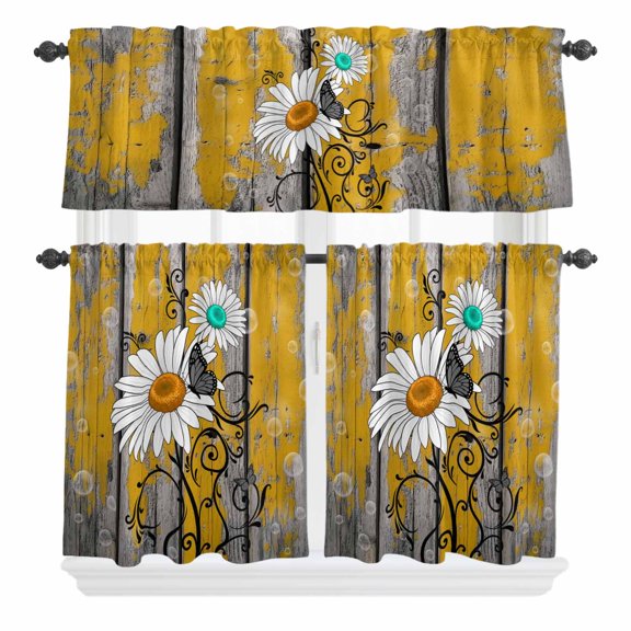 Turquoise Daisy Curtain Valances Set Bubble Butterfly Grey Grey Background Kitchen Curtains 24 inch Length Rod Pocket Valance and Tiers 3 Piece Set Small Bedroom Bathroom Laundry Decor