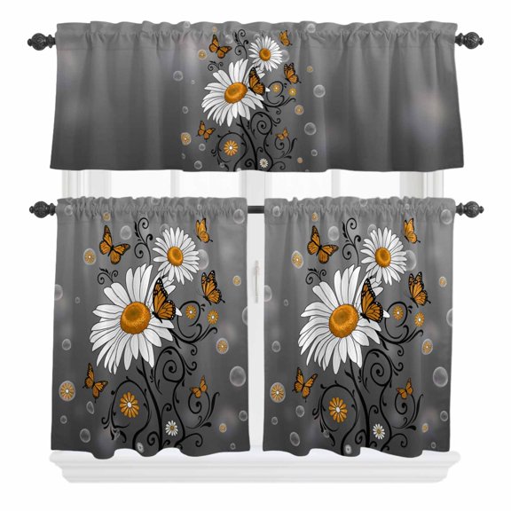 Turquoise Daisy Curtain Valances Set Bubble Butterfly Grey Grey Background Kitchen Curtains 36&nbsp;inch Length Rod Pocket Valance and Tiers 3 Piece Set Small Bedroom Bathroom Laundry Decor