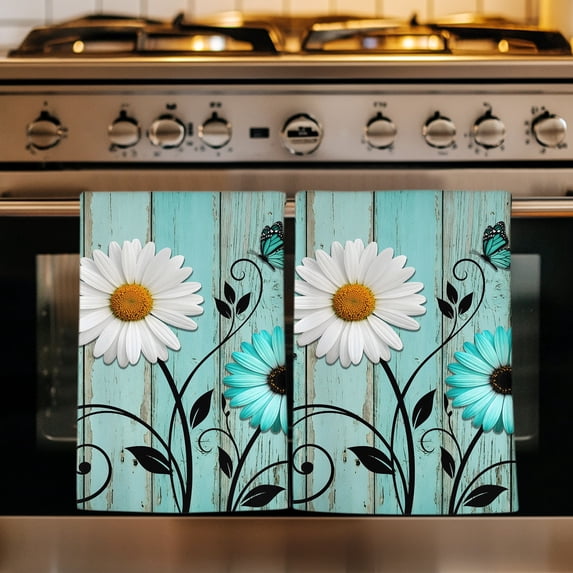 Turquoise Daisy Farmhouse Kitchen Towels Set of 3, Country Teal Floral Absorbent Dish Towels for Kitchen, Microfiber Hand Towel, Quick Drying Tea Towel for Cleaning Decorative Dishcloths