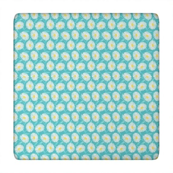 Turquoise Daisy Flower Floral Pattern Square Fitted Tablecloth with Elastic Edge,Square Table Cover,Washable Elastic Table Cover for Home Kitchen Party Decor 34"x34"