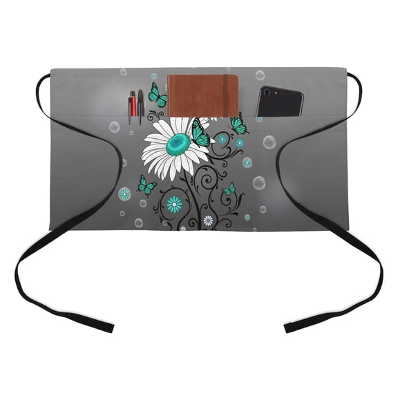 Turquoise Daisy Kitchen Restaurant Half Waist Apron, Bubble Butterfly Grey Grey Background Server Short Apron with 3 Pockets Waterproof Oil Waist Aprons for Women Waitress Waiter