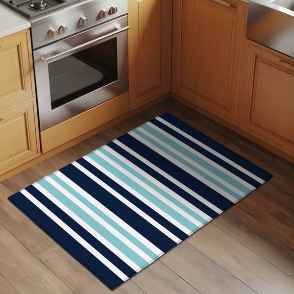 Turquoise Dark 2x3 Rug for Entryway Front Door Kitchen Sink Area, Blue Striped Minimalist Contrast Vertical Stripes Low Pile Washable Non Slip Rectangle Area Rug