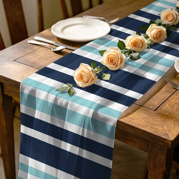Turquoise Dark 4.5 ft Cheesecloth Table Runner for Wedding 19"x55", Blue Striped Minimalist Contrast Vertical Stripes Kitchen Dinner Sheer Tulle Chiffon Dresser Scarf, Holiday Party Decorations