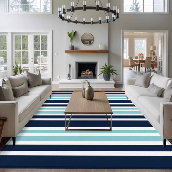 Turquoise Dark 8x10 Area Rug for Living Room Sectional Sofa, Blue Striped Minimalist Contrast Vertical Stripes Washable Non Slip Large Rectangle Area Rug