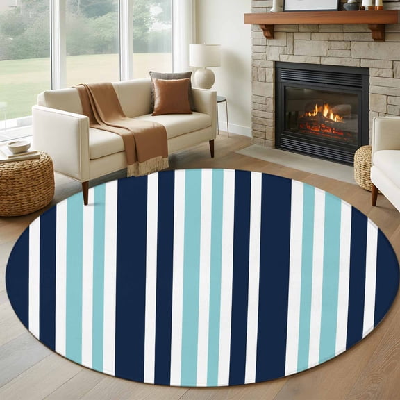 Turquoise Dark Round Living Room Rugs 6 ft, Blue Striped Minimalist Contrast Vertical Stripes Washable Area Rug with Non-Slip Sturdy Edge Binding Round Carpet for Kitchen Office Bedroom