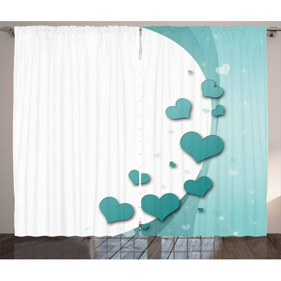 Ambesonne Turquoise Curtains 2 Panel Set, Hearts Valentines, 108" x 90", Turquoise White Teal