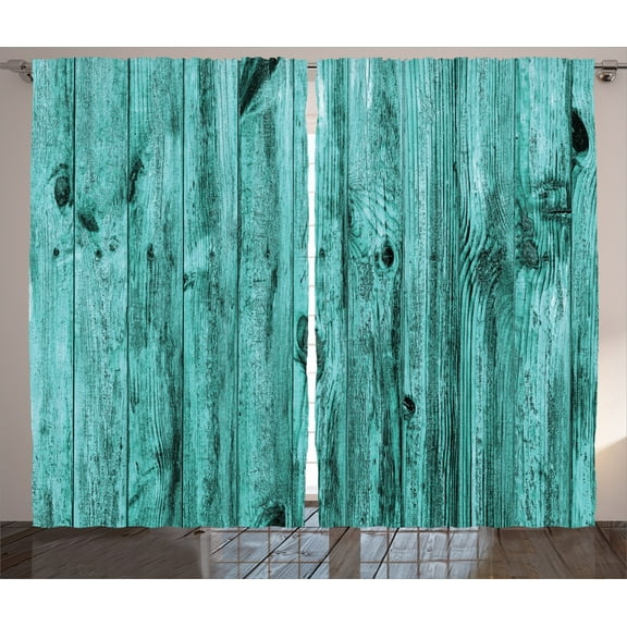 Turquoise Decor Curtains 2 Panels Set, Wall of Turquoise Wooden Texture Background Antique Timber Furniture Artful Print, Living Room Bedroom Accessories, 108 X 84 Inches, by Ambesonne