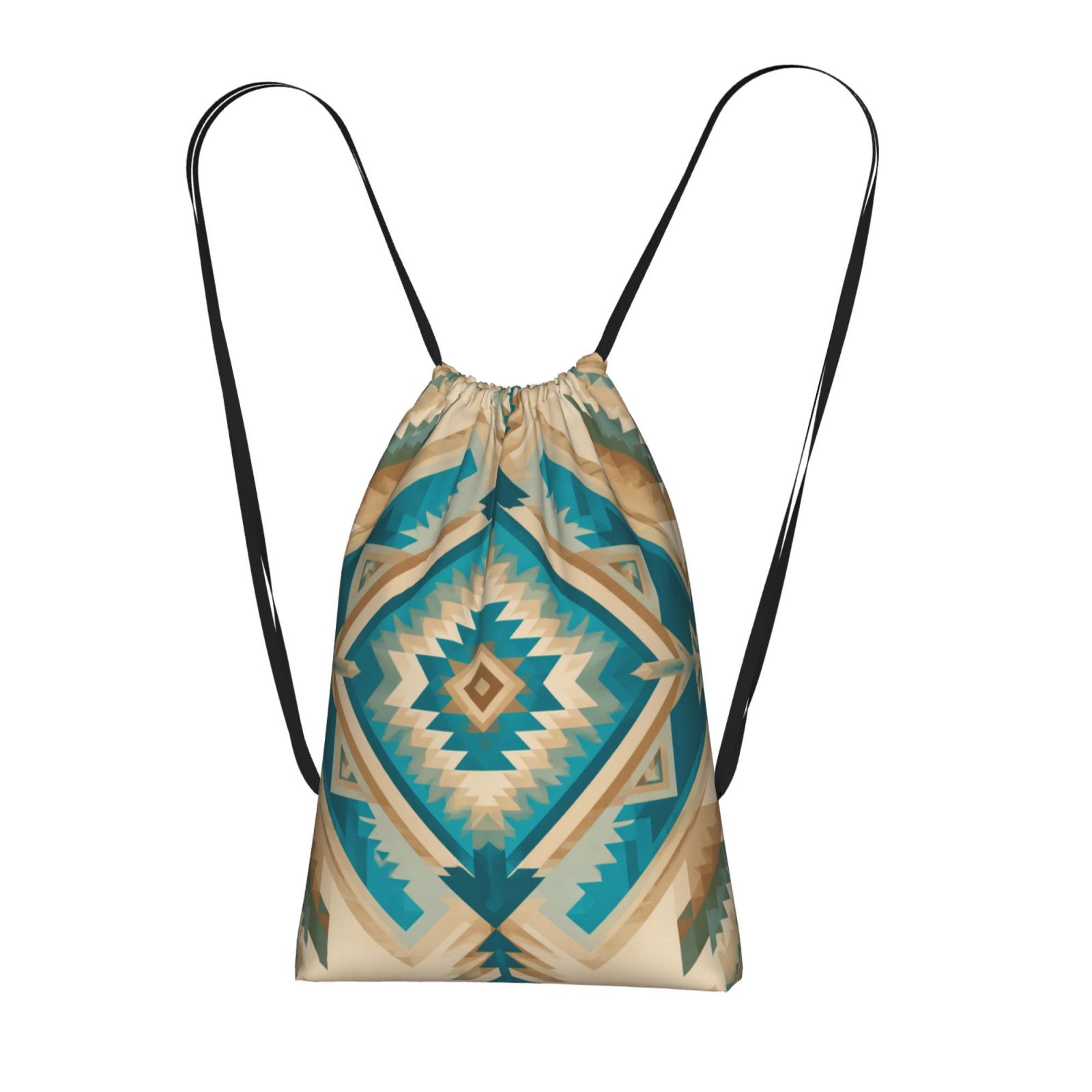 Mochila con cordón plegable de diseño tribal geométrico en turquesa y arena del desierto, bolsa de almacenamiento ligera y plegable para gimnasio, viajes y compras