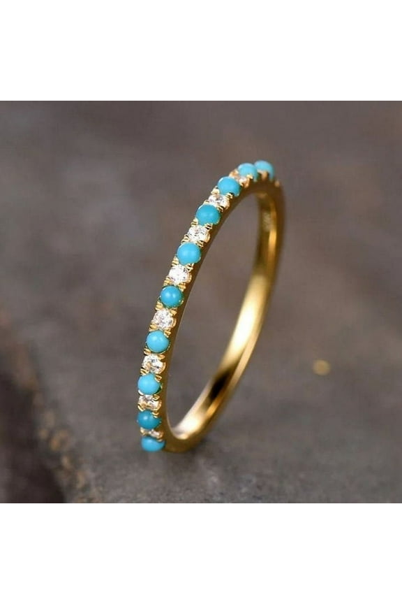 Turquoise & Diamond Full Micro Pavé 14K Solid Gold Eternity Band Ring Real Turquoise Diamonds Stackable Dainty Stacking Band Stack Ring