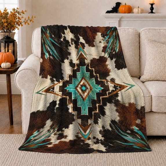 Turquoise Diamond Motif On Hide Look With Feather Shapes Pumpkins Lantern And Mantel Rustic Geometric Art, Soft Flannel Blanket for Bedroom and Living Room