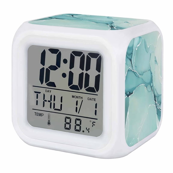 Turquoise Digital Alarm Clock for Bedrooms, Smart LED Alarm Clock with 7 Color Changing Night Light, Modern Marble Ink Painting Abstract Art Silent Wake Up Clocks for Sleep Study Cooking 3.2"x3.2"