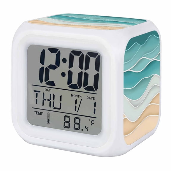 Turquoise Digital Alarm Clock for Bedrooms, Smart LED Alarm Clock with 7 Color Changing Night Light, Ocean Wave Stripes Modern Abstract Beach Silent Wake Up Clocks for Sleep Study Cooking 3.2"x3.2"