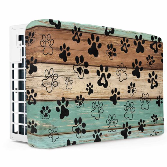 Turquoise Dog Paws Indoor Air Conditioner Cover, Farmhouse Vintage Modern Green Brown Wood Window AC Unit Cover Double Insulation with Drawstring, Waterproof AC Covers for Inside 17Lx13Hx3.5D