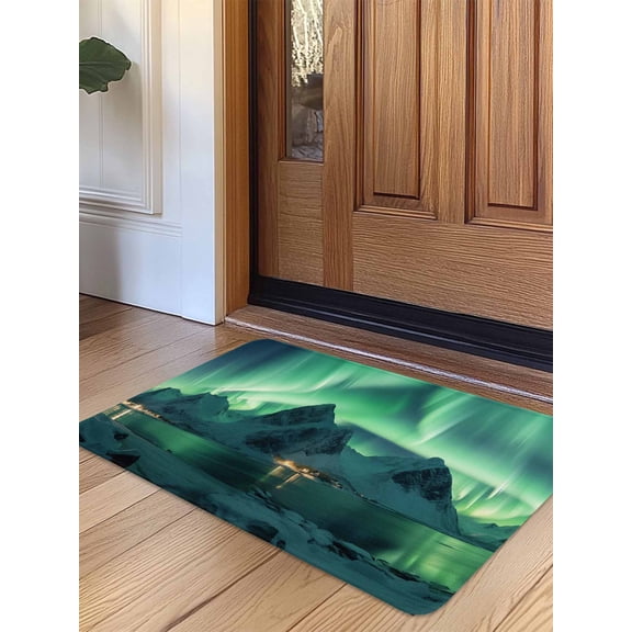 Turquoise Door Mat Indoor Outdoor Entrance, Non Slip Small Rug for Kitchen Bathroom Entryway Rug, Teal Aurora Iceland Scenery Mountain Washable Doormat Floor Mat for Office Home Decor 16x24 Inch