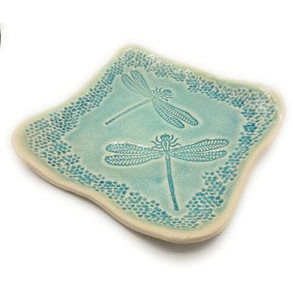 Turquoise Dragonfly 7.50 Square Tray, Handmade in USA, Free Form Pottery$$Home Decor, Kitchen, & Other