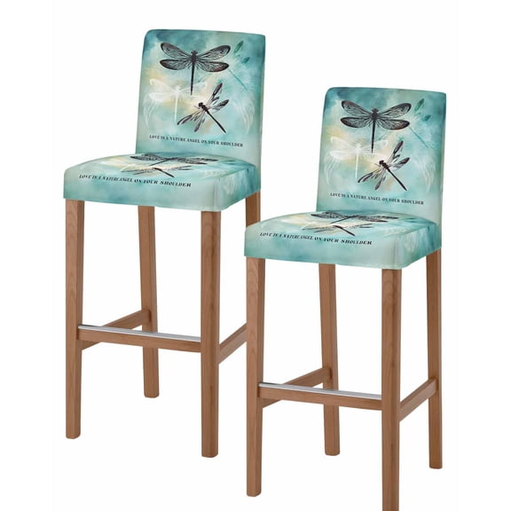 Turquoise Dragonfly Bar Stool Covers Set of 2, Country Gradient Black Animals Stretch Washable Bar Chair Covers with Backs, Removable Pub Counter Height Chair Cover for Kitchen Dining Room Cafe