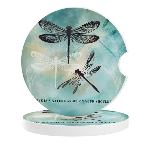 Turquoise Dragonfly Car Coasters for Cup Holders Set of 2 Absorbent, 2.56" Ceramic Stone Drinks Cupholder Coasters with Finger Notch Country Gradient Black Auto Interior Accessories for Women