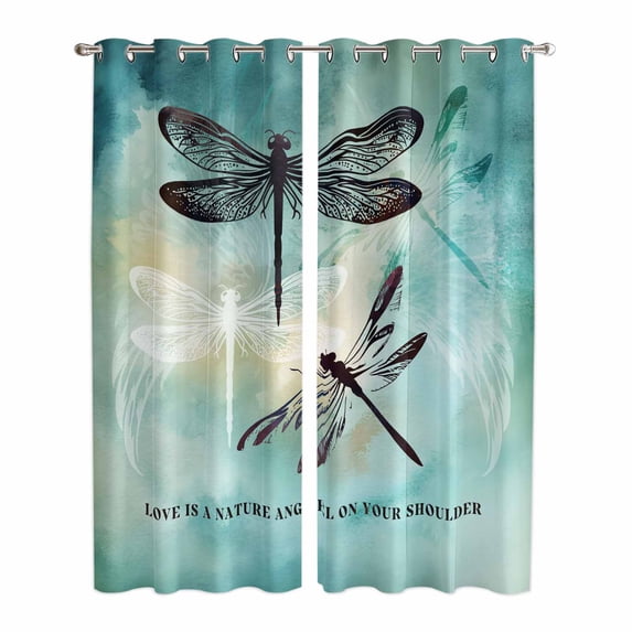 Turquoise Dragonfly Kitchen Curtains 84 Inch Length, Country Gradient Black Animals Grommet Top Bedroom Living Room Curtains, Light Filtering Cafe Curtain Drapes 2 Panels Set 84''x84''