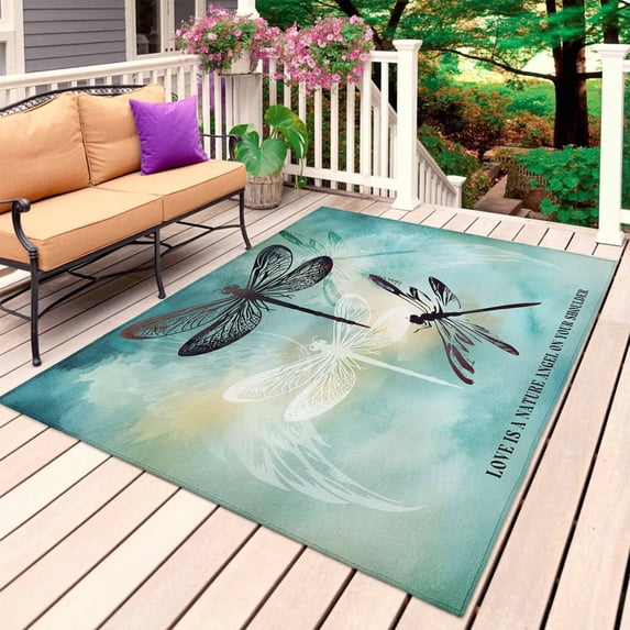 Turquoise Dragonfly Outdoor Rug 5x8 Ft, Non Slip Washable Area Rug, Country Gradient Black Animals Patio Rugs Carpet Runner, Large Floor Mat for Indoor/Outdoor Deck Porch Camping