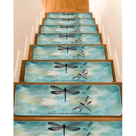 Turquoise Dragonfly Stair Treads for Wooden Steps Indoor Runner Rug Carpet, Country Gradient Black Animals 15 Pieces Peel and Stick Staircase Step Treads Covers Washable Throw Door Mats, 30"x8"