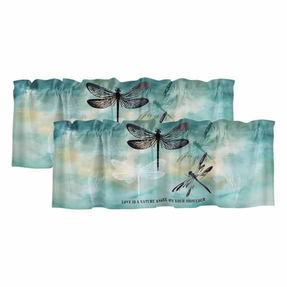 Turquoise Dragonfly Valances for Windows, Country Gradient Black Animals Light Filtering Kitchen Curtains, Rod Pocket Window Valance Curtains for Living Room Bedroom, 42" W x 18" L, 2 Panels