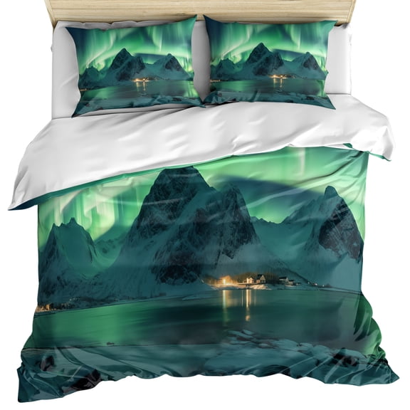 Turquoise Duvet Cover Cal. King Size, Teal Aurora Iceland Scenery Mountain Comforter Cover with Zipper Closure, 3 Piece Bedding Sets 1 Duvet Cover 96x104 Inches and 2 Pillow Shams