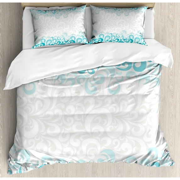 Turquoise Duvet Cover Set, Abstract Floral Flowers Pattern Classic Design Illustration, Decorative 3 Piece Bedding Set with 2 Pillow Shams, Calking Size, Teal Turquoise White, by Ambesonne