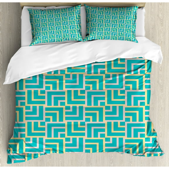 Turquoise Duvet Cover Set, Art Deco Style Shapes Like Geometrical Squares with Lines Image, Decorative 3 Piece Bedding Set with 2 Pillow Shams, Calking Size, Turquoise Yellow, by Ambesonne
