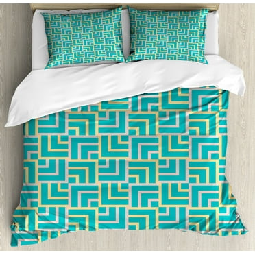 Turquoise Duvet Cover Set, Art Deco Style Shapes Like Geometrical Squares with Lines Image, Decorative 3 Piece Bedding Set with 2 Pillow Shams, Calking Size, Turquoise Yellow, by Ambesonne