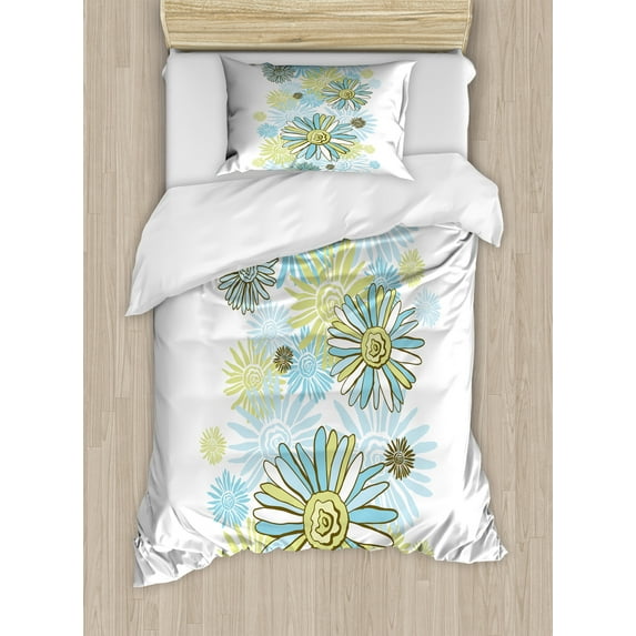 Turquoise Duvet Cover Set, Chamomiles Flower Blossom Wildflower Blooms Summer Illustration, Decorative 2 Piece Bedding Set with 1 Pillow Shams, Twin Size, Pale Green Dark Green, by Ambesonne
