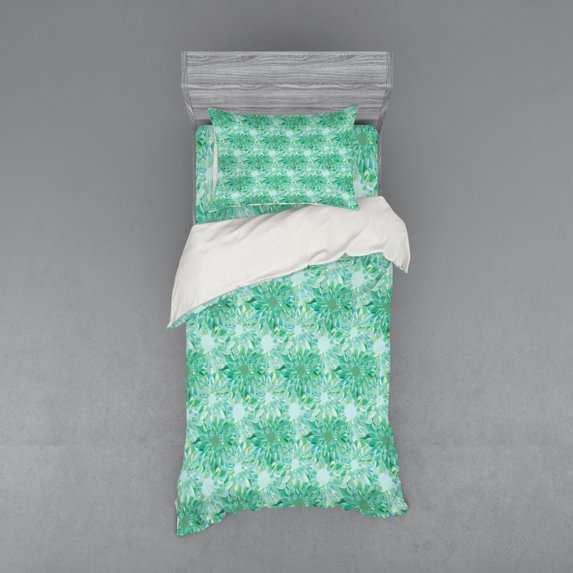 Turquoise Duvet Cover Set, Floral Pattern with Beryl Crystal Guilloche Flowers Carving Art Elements Image Print, Bedding Set with Shams and Fitted Sheet, 3 Sizes, by Ambesonne