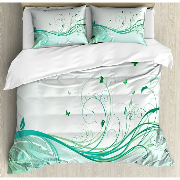 Turquoise Duvet Cover Set, Illustration Floral Victorian Style Curvy Lines Wave Butterfly Design, Decorative 3 Piece Bedding Set with 2 Pillow Shams, Calking Size, Pale Green Mint Green, by Ambesonne
