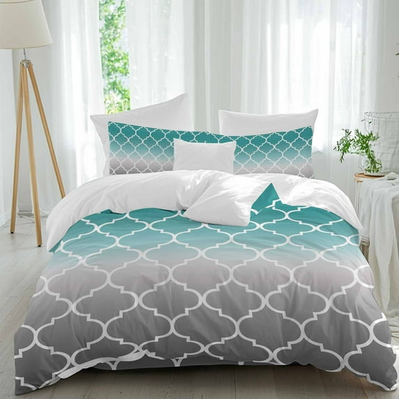 Turquoise and Duvet Cover Set King Size, Grey Gradient Geometric Morocco Trellis 4 Piece Soft Microfiber Bedding Set with 1 Duvet Cover, 1 Flat Sheet, 2 Pillowcases