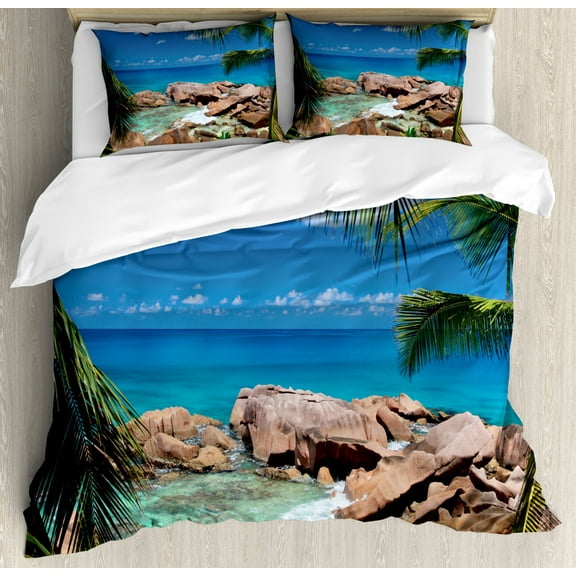 Turquoise Duvet Cover Set King Size, Idyllic Rocky Coast Island with Palm Leaves in Paradise Clouds Relax Calm Photo, Decorative 3 Piece Bedding Set with 2 Pillow Shams, Turquoise, by Ambesonne
