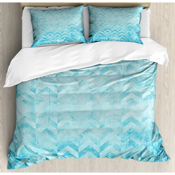 Turquoise Duvet Cover Set Queen Size, Geometric Design Chevron Patterns on Old Vintage Paper Contemporary Art Print, Decorative 3 Piece Bedding Set with 2 Pillow Shams, Turquoise, by Ambesonne