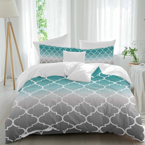 Turquoise and Duvet Cover Set Queen Size, Grey Gradient Geometric Morocco Trellis 4 Piece Soft Microfiber Bedding Set with 1 Duvet Cover, 1 Flat Sheet, 2 Pillowcases