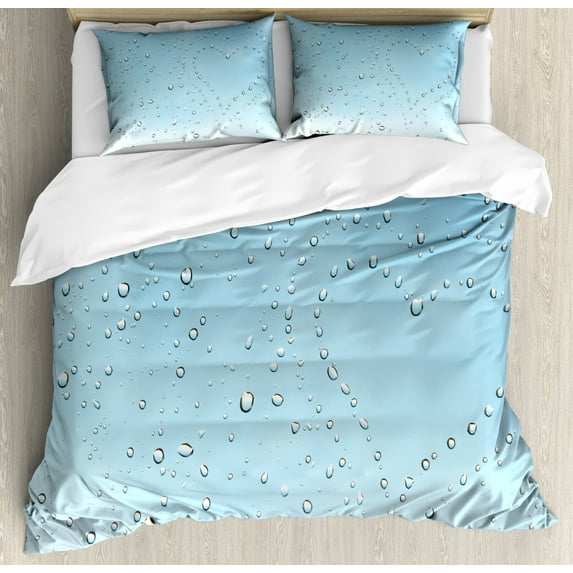 Turquoise Duvet Cover Set Queen Size, Heart Shape Rain Droplets on Crystal Clear Window Glass Pure Love Valentines Romantic, Decorative 3 Piece Bedding Set with 2 Pillow Shams, Blue, by Ambesonne