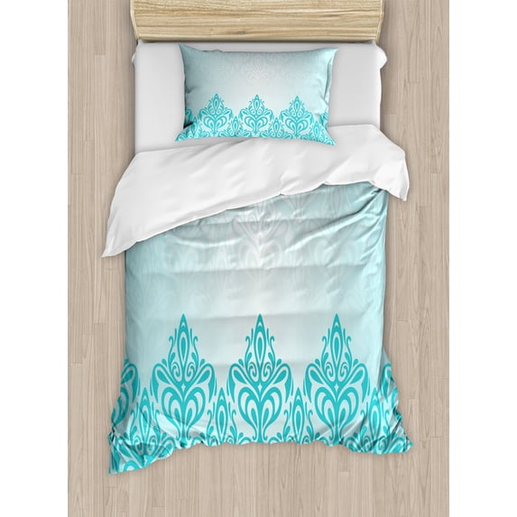 Turquoise Duvet Cover Set, Retro Style Medieval European Victorian Gradient Royal Pale Patterns Art Print, Decorative 2 Piece Bedding Set with 1 Pillow Shams, Twin Size, Blue, by Ambesonne