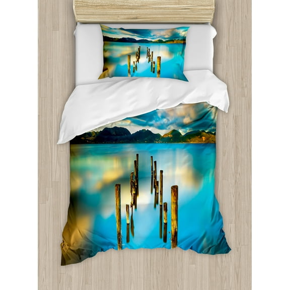 Turquoise Duvet Cover Set, Surreal Landscape with Wood Deck and Clouds in Sky Dreamlike Coastal, Decorative 2 Piece Bedding Set with 1 Pillow Shams, Twin Size, Turquoise and White, by Ambesonne
