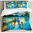 thumbnail image 1 of Turquoise Duvet Cover Set, Surreal Landscape with Wood Deck and Clouds in Sky Dreamlike Coastal, Decorative 3 Piece Bedding Set with 2 Pillow Shams, King Size, Turquoise and White, by Ambesonne, 1 of 3
