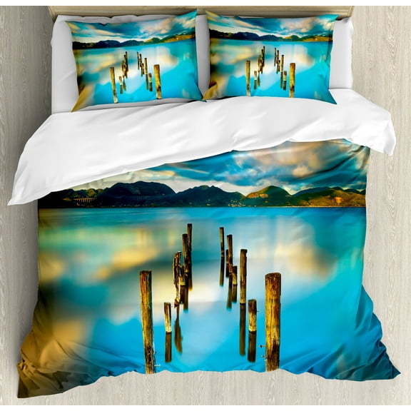 Turquoise Duvet Cover Set, Surreal Landscape with Wood Deck and Clouds in Sky Dreamlike Coastal, Decorative 3 Piece Bedding Set with 2 Pillow Shams, Queen Size, Turquoise and White, by Ambesonne